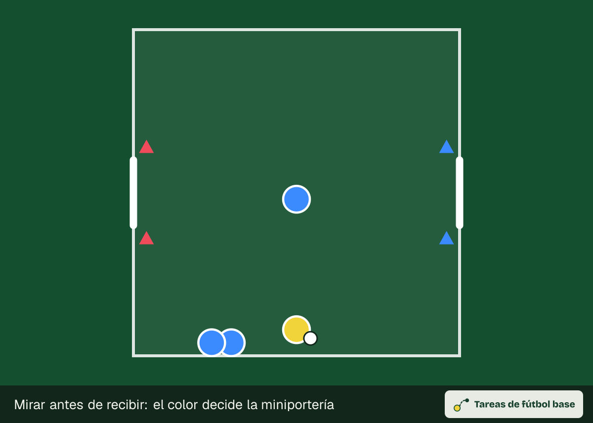 Dibujo del ejercicio «Mirar antes de recibir: el color decide la miniportería» (calentamientos): colocación inicial, para 4–10 jugadores en un espacio de 20 × 20 m