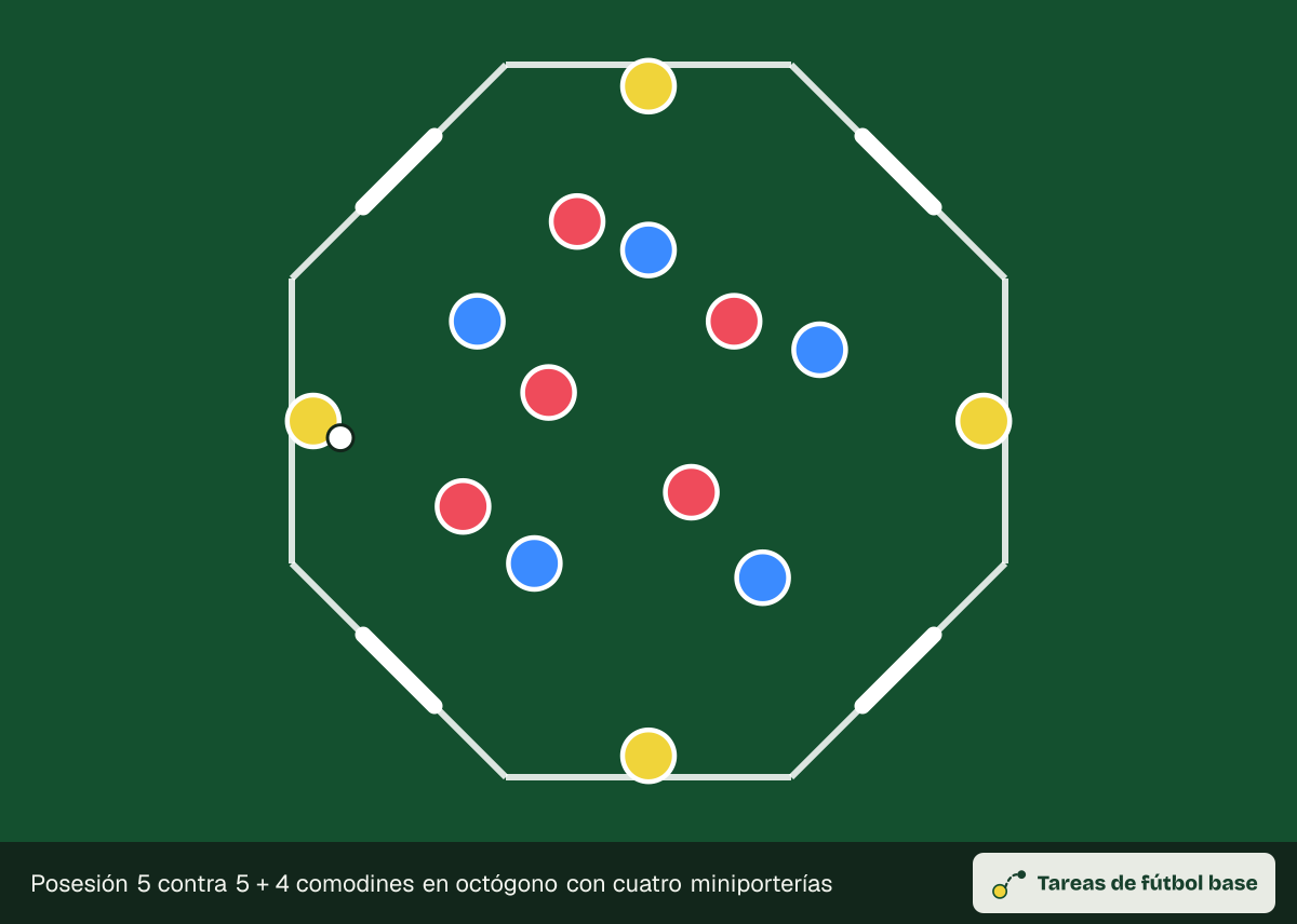 Dibujo del ejercicio «Posesión 5 contra 5 + 4 comodines en octógono con cuatro miniporterías» (posesiones): colocación inicial, para 14 jugadores en un espacio de 30 × 30 m